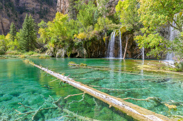 Waterfalls and crystal clear water at Hanging Lake park in Colorado, USA