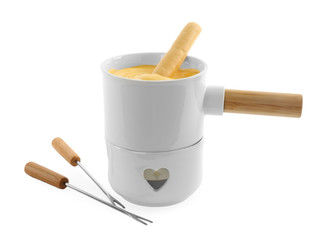 Pot of tasty cheese fondue with bread stick and forks isolated on white