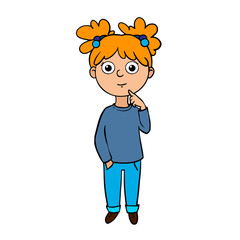 Doodle sketch girl. A cartoon illustration of a child thinking 