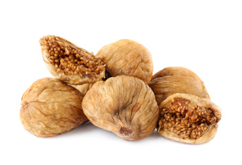Pile of tasty dried figs on white background
