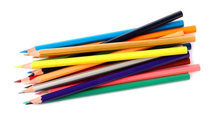 Different color pencils on white background. School stationery
