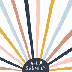  Colorful childish illustration with sun and text. Hello sunshine paper cut style lettering. Typographic print for kids nursery design. © AngellozOlga