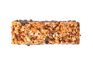 Tasty granola bar on white background, top view. Healthy snack
