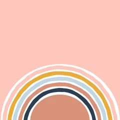 Foto auf Acrylglas Kinder Geometrische einfache Illustration mit buntem gestreiftem Regenbogen. Abstrakter mehrfarbiger Retro-Bogenbogen auf neutralem rosa Hintergrund. Flaches Vektordesign.