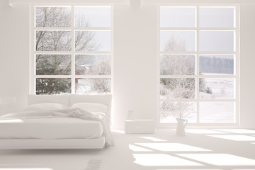 Stylish bedroom in white color with winter landscape in window. Scandinavian interior design. 3D illustration