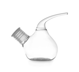 Empty retort flask on white background. Laboratory glassware