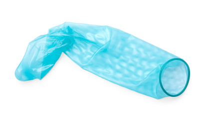 Blue used condom on white background. Safe sex concept