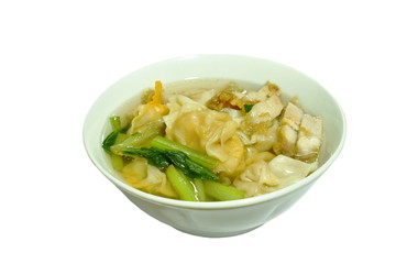 Chinese dumpling stuffed shrimp topping slice crispy pork with clear soup on bowl