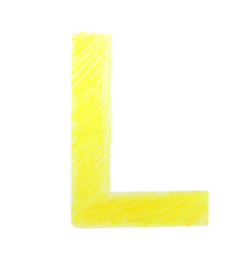 Letter L written with yellow pencil on white background, top view