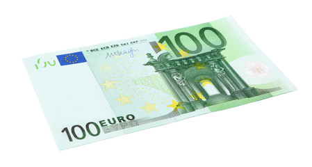 Obraz na płótnie Canvas One hundred Euro banknote lying on white background