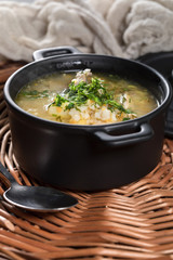 Barley soup with vegetables and chicken.