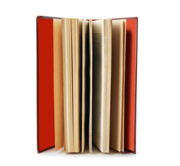 Open hardcover old book on white background