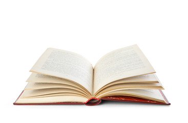Open hardcover old book on white background