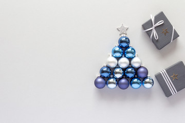 Christmas composition. Bauble set gift star top view background with copy space for your text. Flat lay.