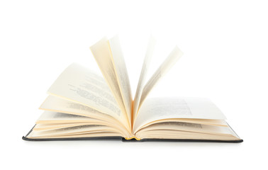 Open hardcover old book on white background