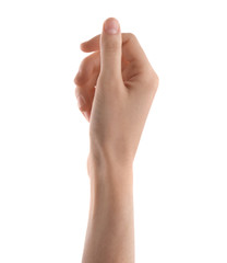 Woman holding something on white background, closeup of hand
