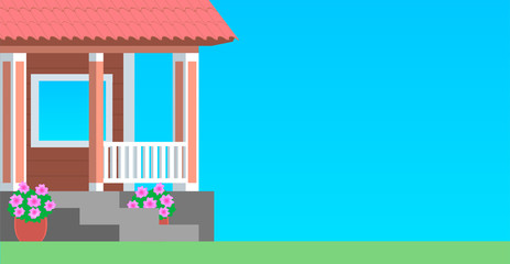 The cozy porch of a rustic wooden house with steps and a veranda. Blue background. Vector flat illustration.