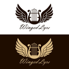 ancient winged lyre icons set isolated on white and black background