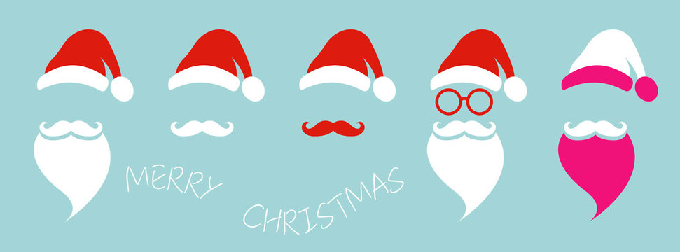 Santa Claus fashion hipster style set icons. Santa hats, moustache and beards, glasses. Christmas elements for your festive design. Vector illustration isolated on blue background 