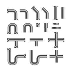 Set of metallic copper sewer pipes. Isolated on white background. Stock vector illustration.