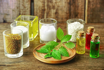 Natural herb and organic ingredient set on the table for produce apothecary cosmetic product.