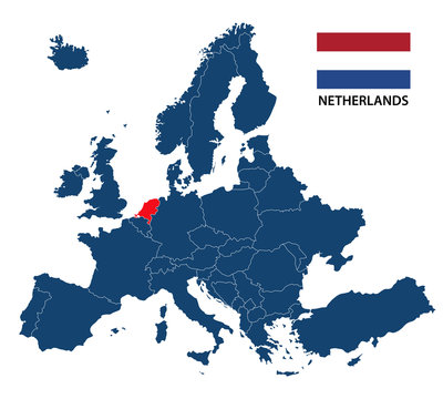 Simple illustration of a map of Europe with highlighted Netherlands and Dutch flag isolated on a white background