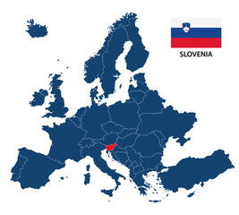 Simple illustration of a map of Europe with highlighted Slovenia and Slovenian flag isolated on a white background