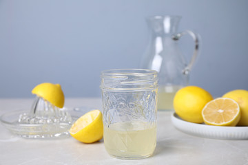Freshly squeezed lemon juice on light table
