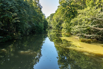 View of quaint river landscapes of the rivers Elster and Parthe in Leipzig / Germany