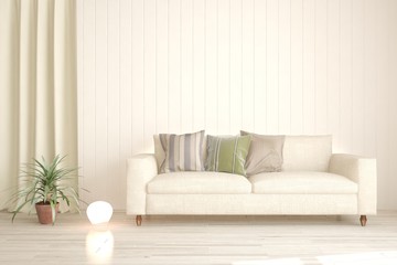 Stylish room in white color with sofa. Scandinavian interior design. 3D illustration