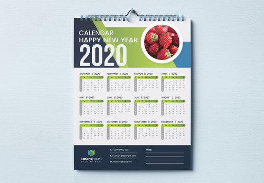 One Page Wall Calendar Layout with Blue and Green Geometric Elements