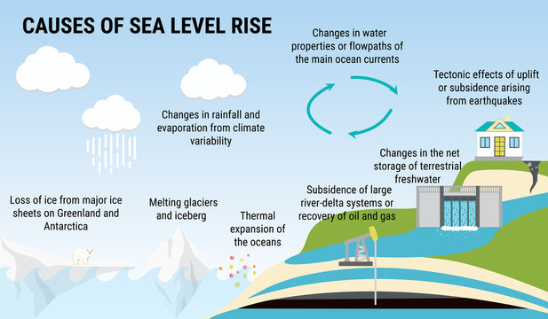 Causes of sea level rising, environmental vector infographic.