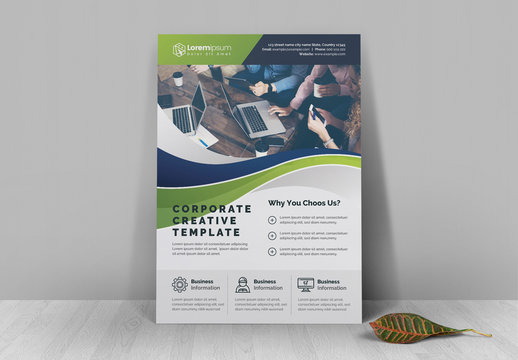 Flyer Layout With Blue And Green Wave Design