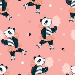 Seamless pattern with Funny happy little cartoon panda girl character in roller-skates dressed up in stripy top and pink skirt eat sweet cotton. Scandinavian style childish trendy print in vector.
