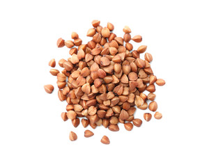 Pile of buckwheat grains isolated on white, top view. Organic cereal