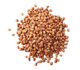 Pile of buckwheat grains isolated on white, top view. Organic cereal