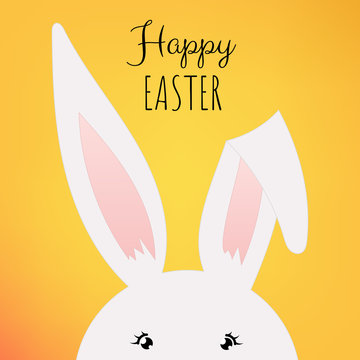 Happy Easter greeting card with white rabbit. Vector illustration in flat style with cartoon cute bunny. 