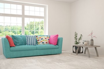 Stylish room in white color with sofa and summer landscape in window. Scandinavian interior design. 3D illustration