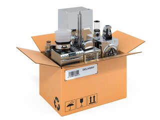 Household and kitchen appliances inside cardboard box, delivery concept. 3D rendering