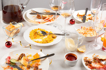 Food leftovers after party on table with cloth