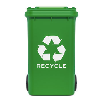 Green recycling trash can, 3D rendering