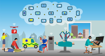 Use Case for Internet of Things in health care.  Everything connected. Remote robotic surgery, drone bringing defibrillator, real time diagnose optimizing medication.   Vector illustration 