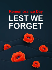 Vector Remembrance Day web layered banner. Paper cut Red Poppy flower International symbol of Peace. Anzac, Memorial, Veterans Day header, card, poster, flyer, invitation. Military parade