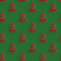 Christmas seamless pattern with decorative Christmas tree on green background. Top view. Xmas composition. New Year. Flat lay.