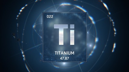 3D illustration of Titanium as Element 22 of the Periodic Table. Blue illuminated atom design background with orbiting electrons. Design shows name, atomic weight and element number