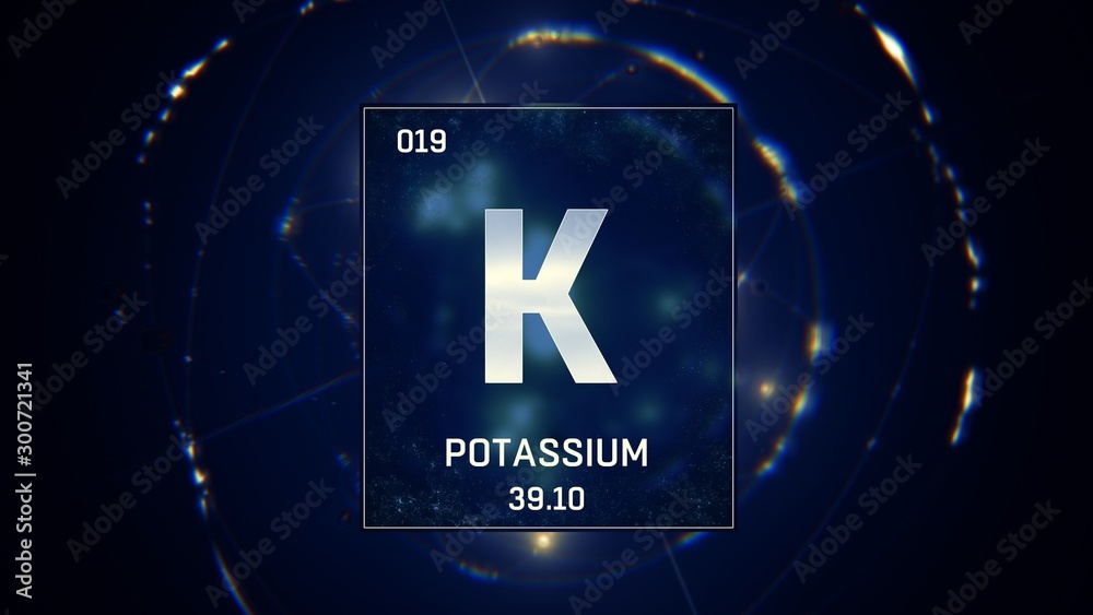 Canvas Prints 3d illustration of potassium as element 19 of the periodic table. blue illuminated atom design backg - Canvas Prints