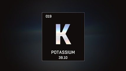 3D illustration of Potassium as Element 19 of the Periodic Table. Grey illuminated atom design background with orbiting electrons. Design shows name, atomic weight and element number