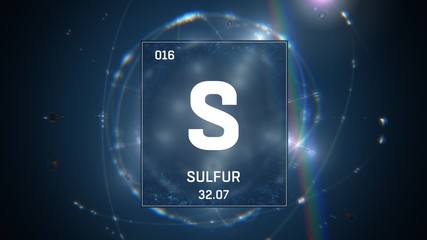 3D illustration of Sulfur as Element 16 of the Periodic Table. Blue illuminated atom design background with orbiting electrons. Design shows name, atomic weight and element number