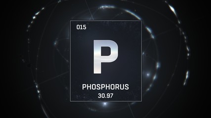 3D illustration of Phosphorus as Element 15 of the Periodic Table. Silver illuminated atom design background with orbiting electrons. Design shows name, atomic weight and element number