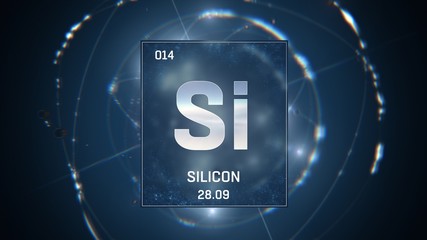 3D illustration of Silicon as Element 13 of the Periodic Table. Blue illuminated atom design background with orbiting electrons. Design shows name, atomic weight and element number
